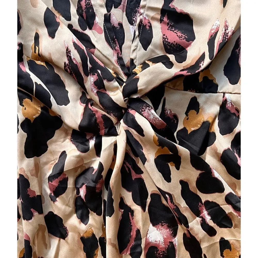 NWT PRETTYLITTLETHING Leopard Asymmetric Hem Long Sleeve Plunge Satin Maxi Dress